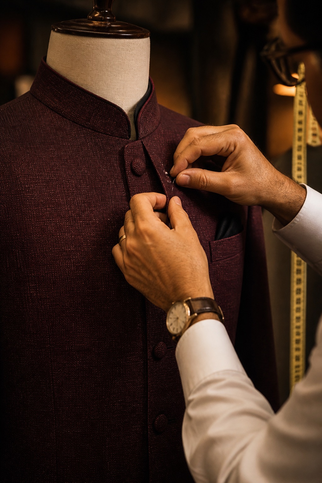 Tailor crafting a custom bandhgala jacket