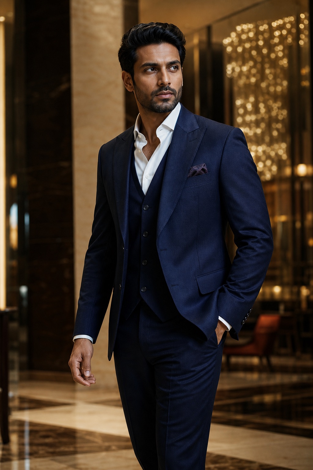 Man in a tailored navy wedding suit