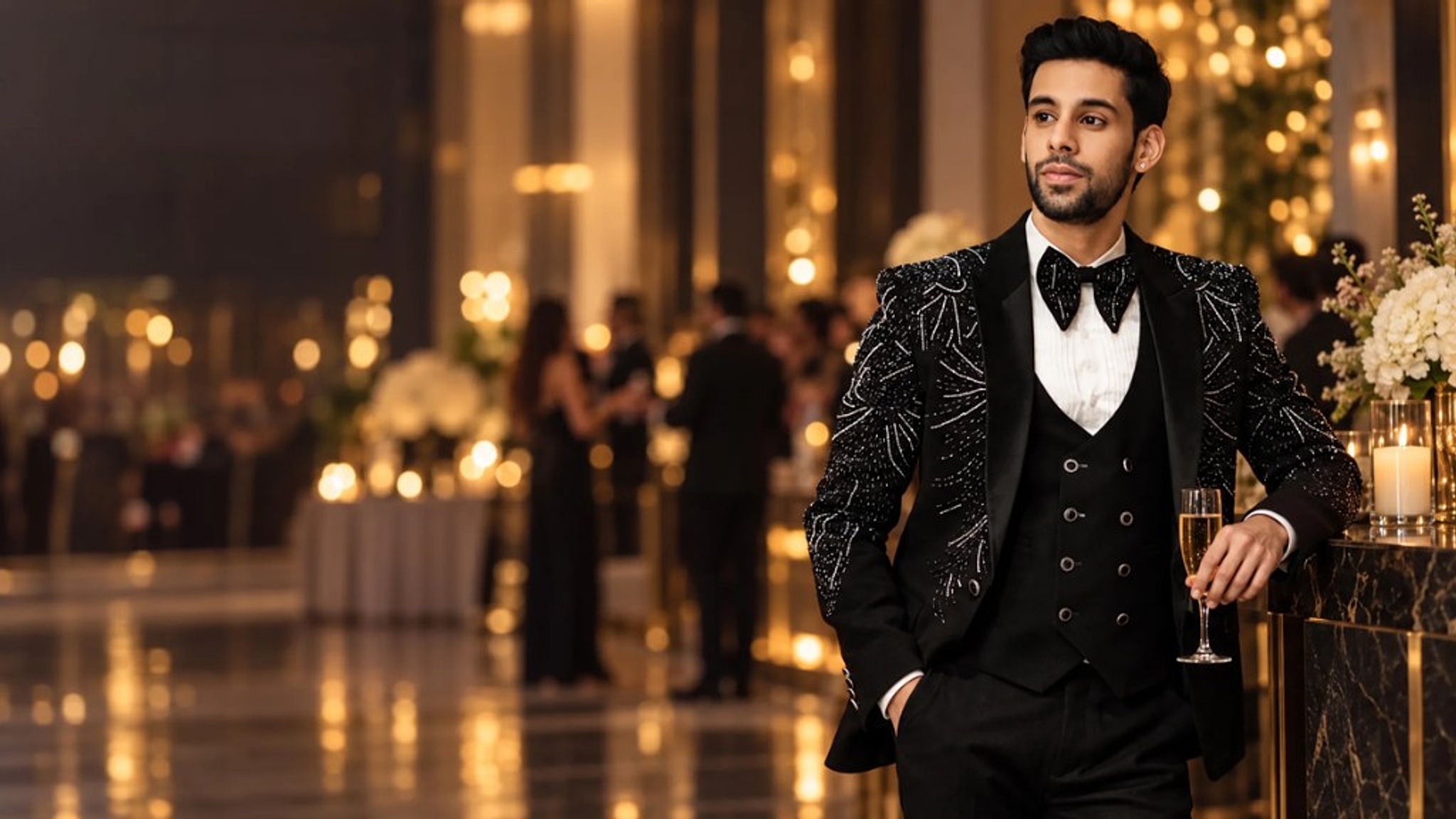 Man in a black beaded peak-lapel tuxedo with champagne at a warm evening gala