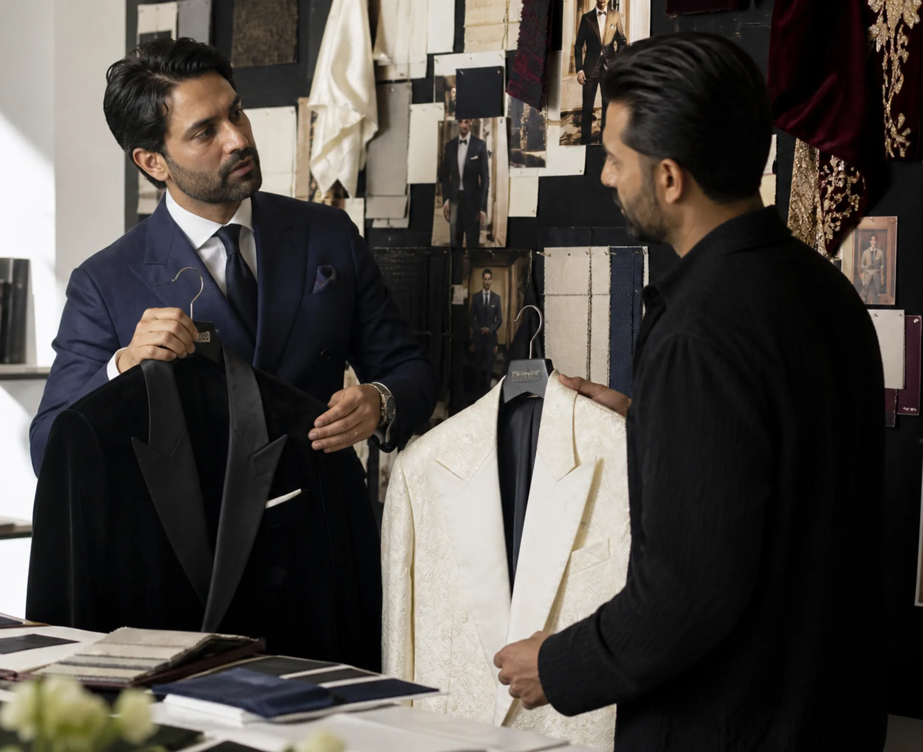 Stylist and client comparing jackets and fabric swatches for an event look