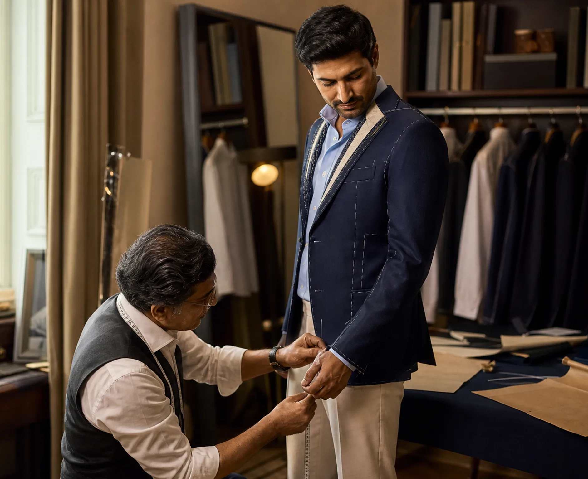 Tailor measuring a client during a bespoke suit fitting in the atelier