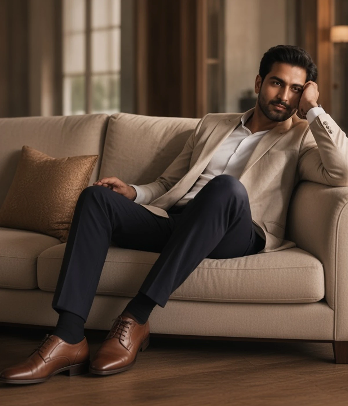 Man in a tailored beige blazer seated in a private styling lounge