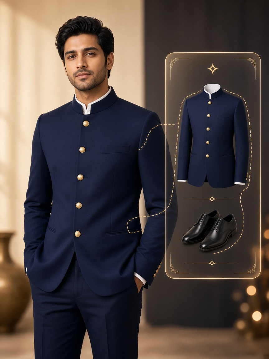 AI stylist suggests a navy bandhgala and the look is tried on virtually
