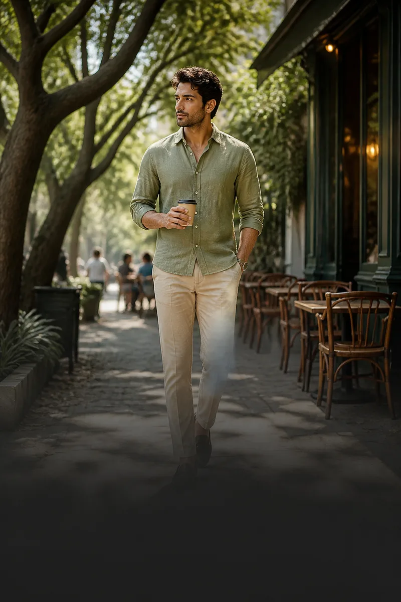 Man in an olive linen shirt and beige chinos on a cafe street