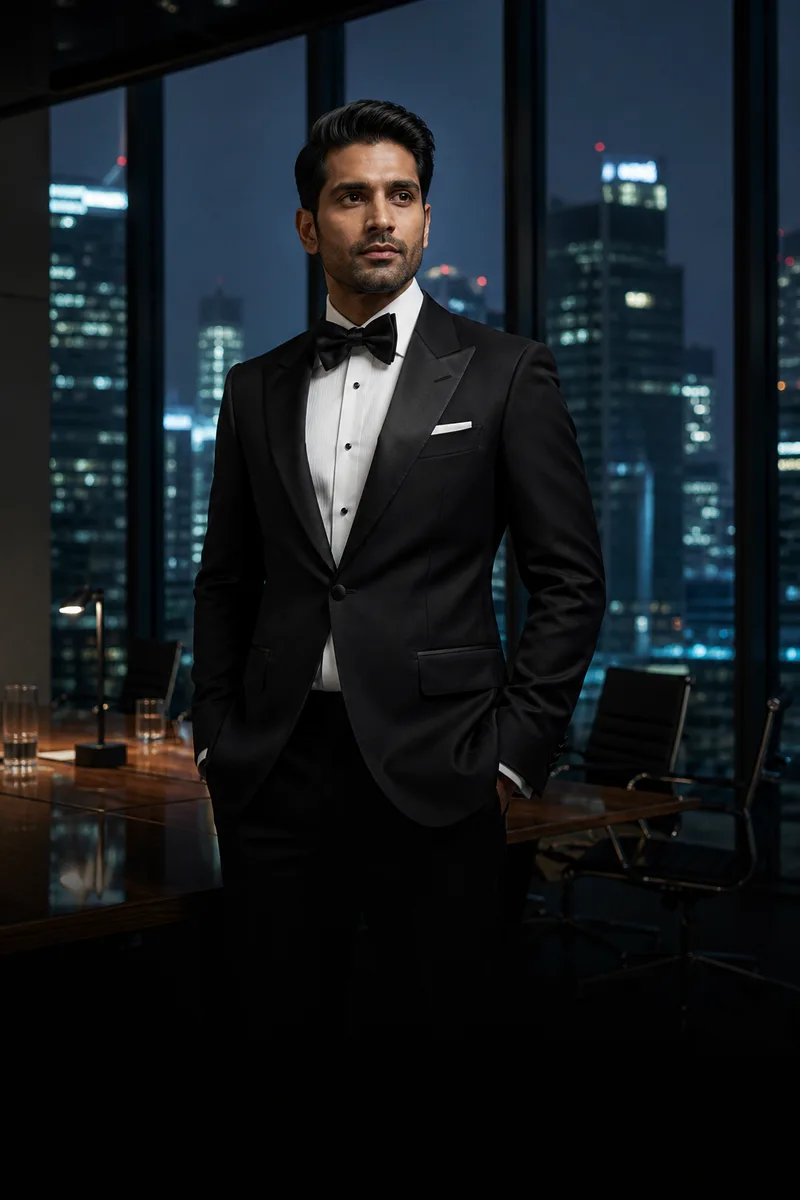 Executive in a black peak-lapel tuxedo in a night boardroom