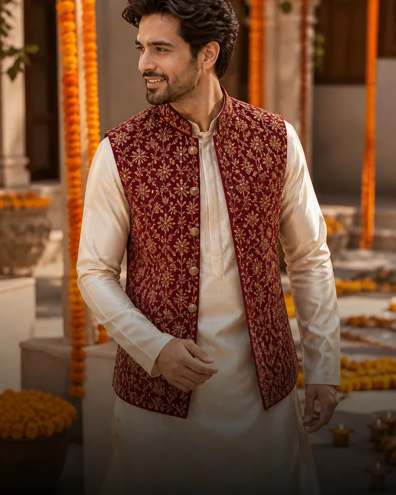 Man in a cream kurta with a maroon embroidered sadri jacket
