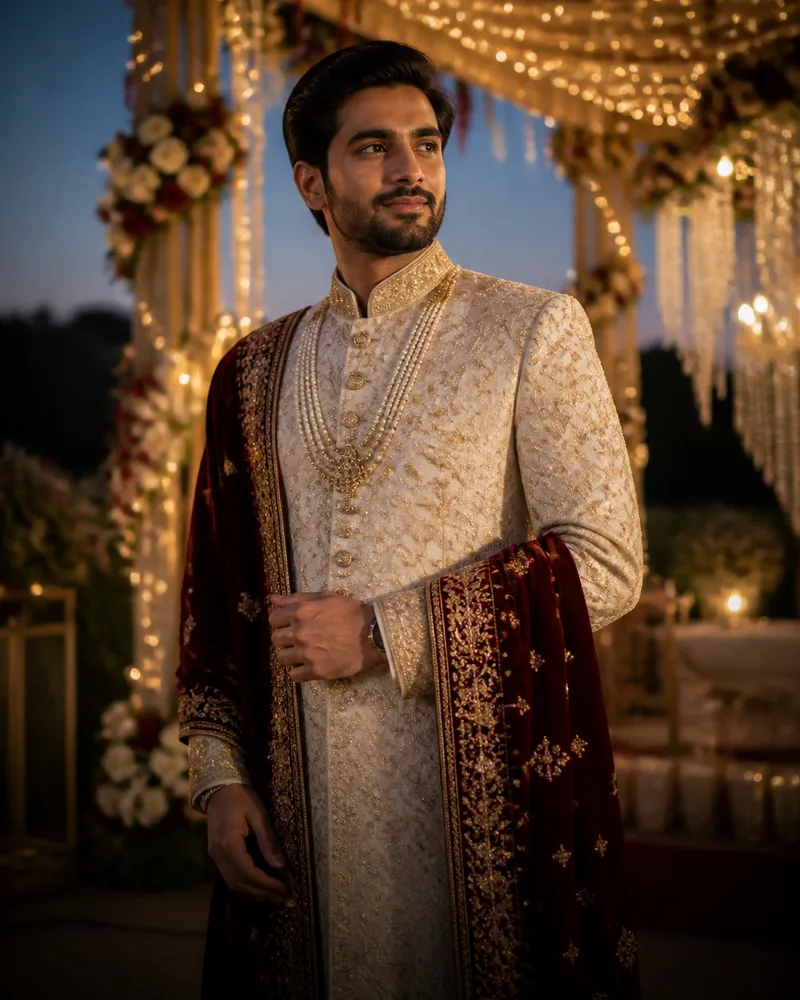 Groom in an ivory embroidered sherwani