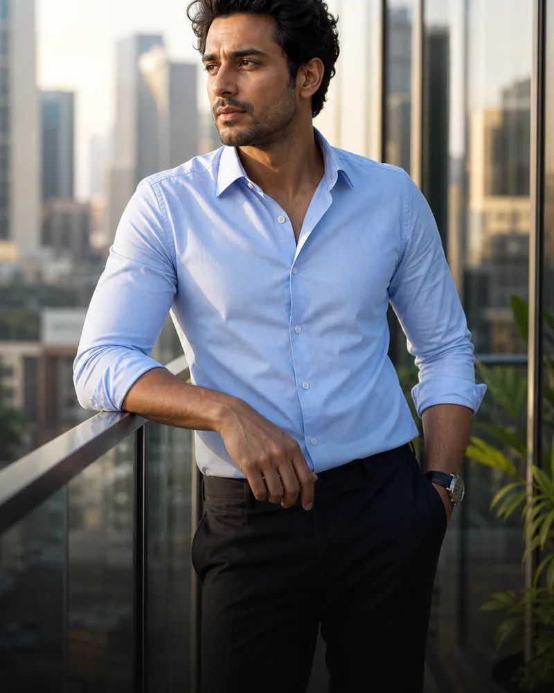 Man in a fitted powder-blue oxford shirt on a sunlit balcony