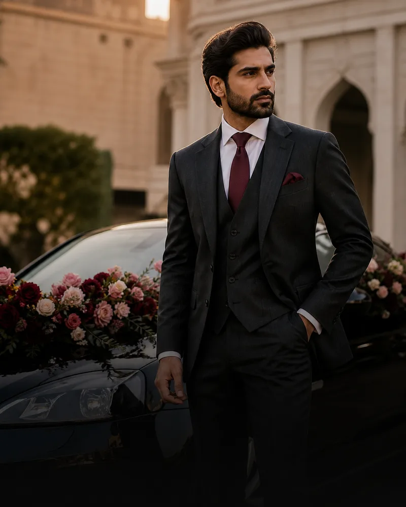 Man in a charcoal three-piece suit