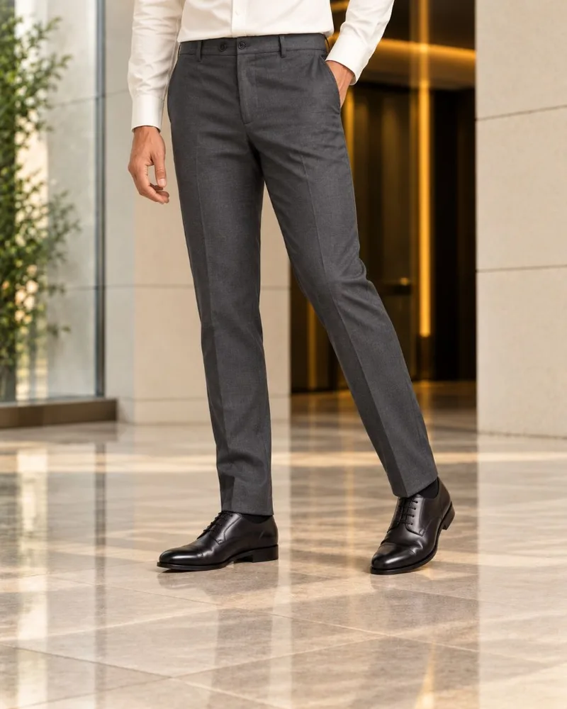 Charcoal tailored trousers with a clean crease and black leather oxfords