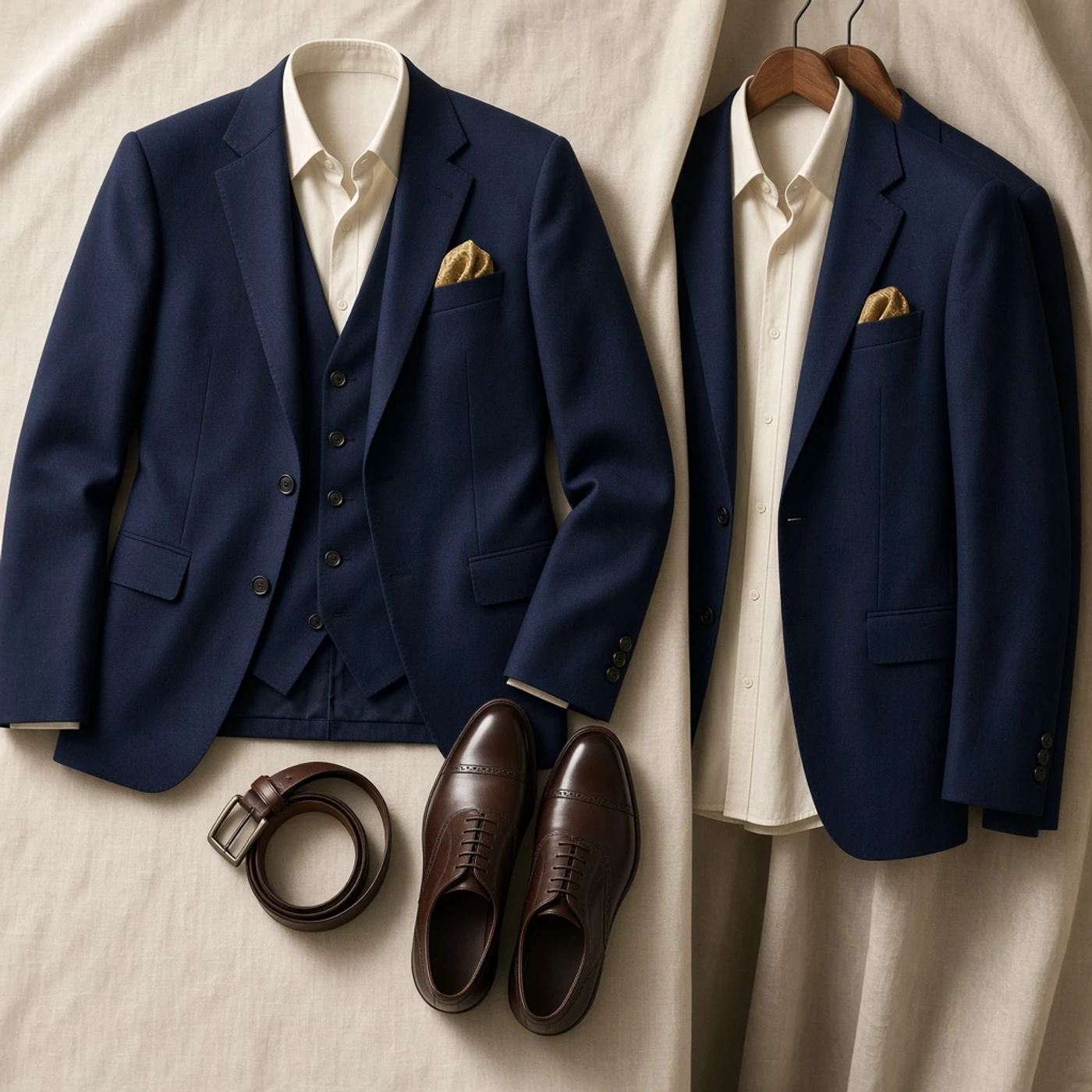 Curated suit look with shirt, shoes, and accessories