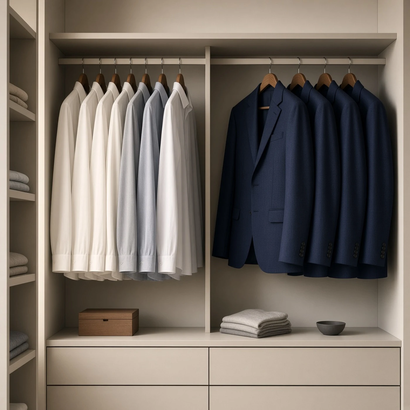 Organized wardrobe of custom shirts and jackets